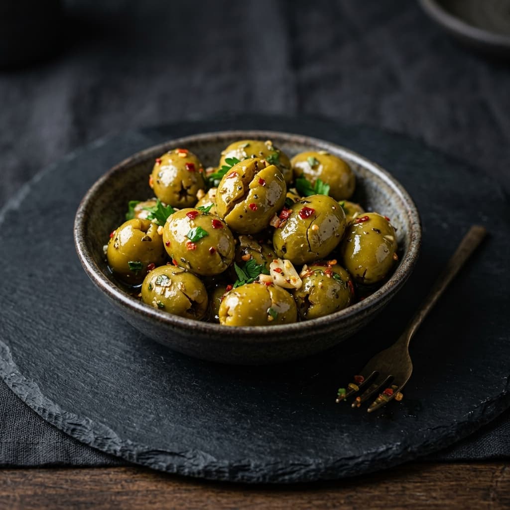 Spicy Cracked Green Olives